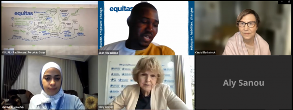 Screenshot of the panel discussion featuring the graphic recording, Jean-Paul Enama, Cindy Blackstock, Hadeel AbuSoufeh, Mary Lawlor and Aly Sanou
